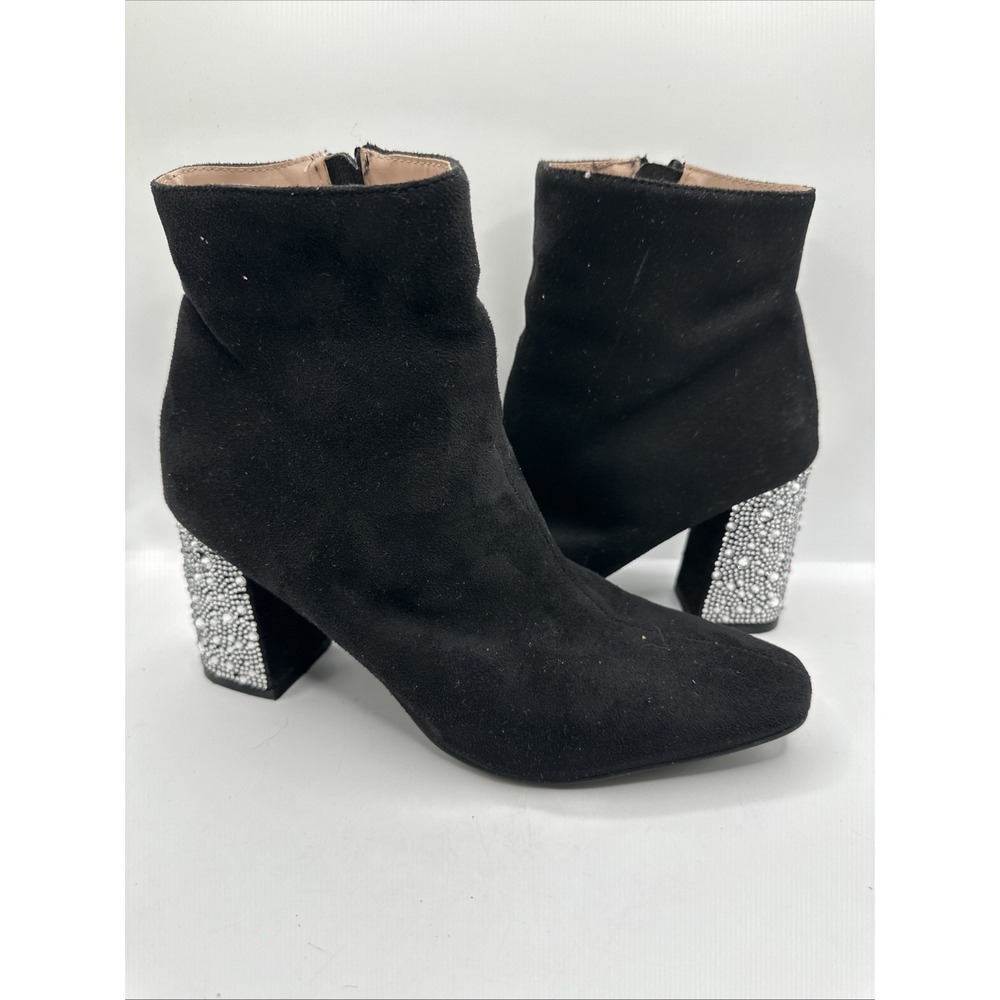BETSEY Johnson Keene Boots Women's 9M Black Rhinestone Ankle Booties Heels Glam